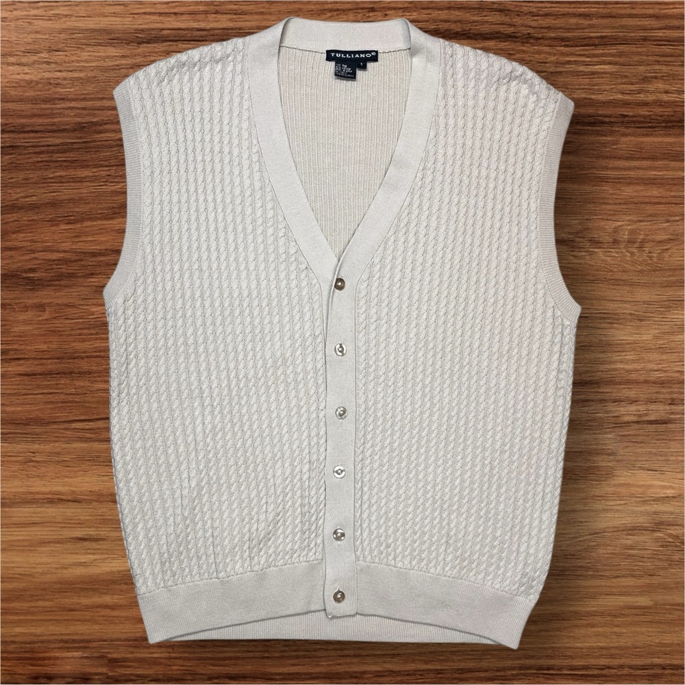 Tulliano Men’s Silk/Cotton Cream Cardigan Cableknit Vest. Large